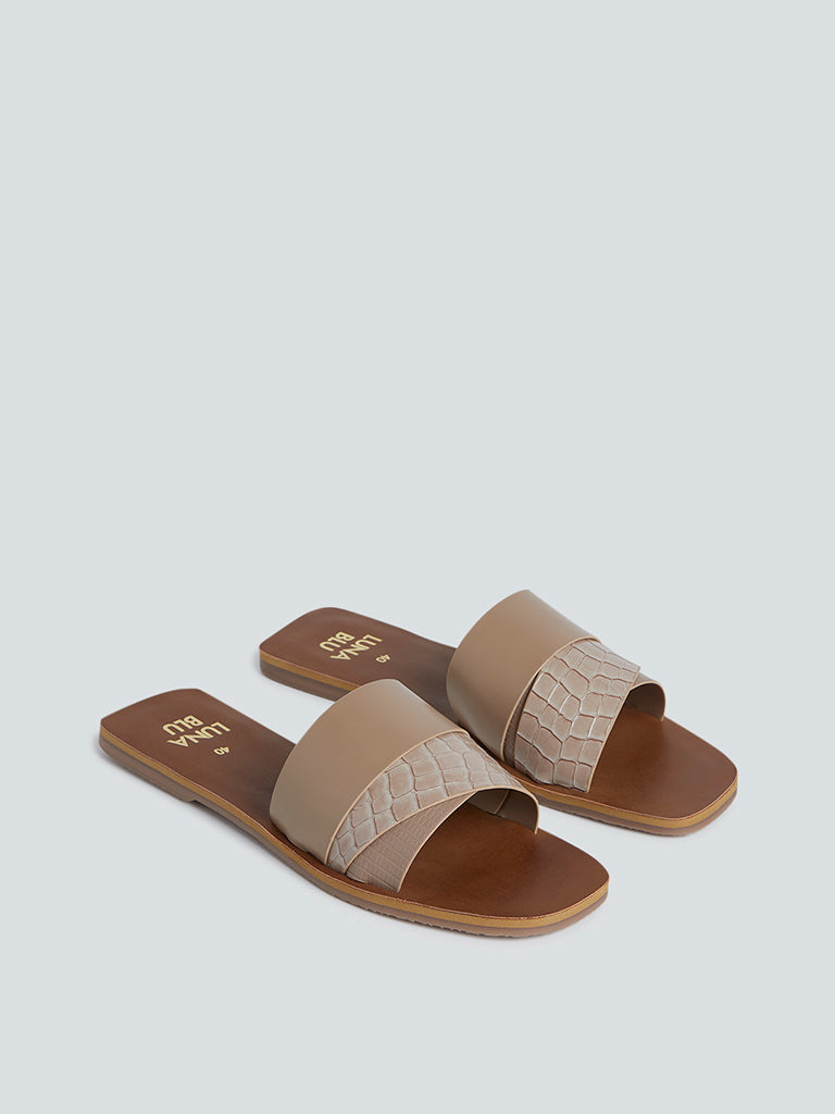 LUNA BLU Taupe Croc-Textured Slides